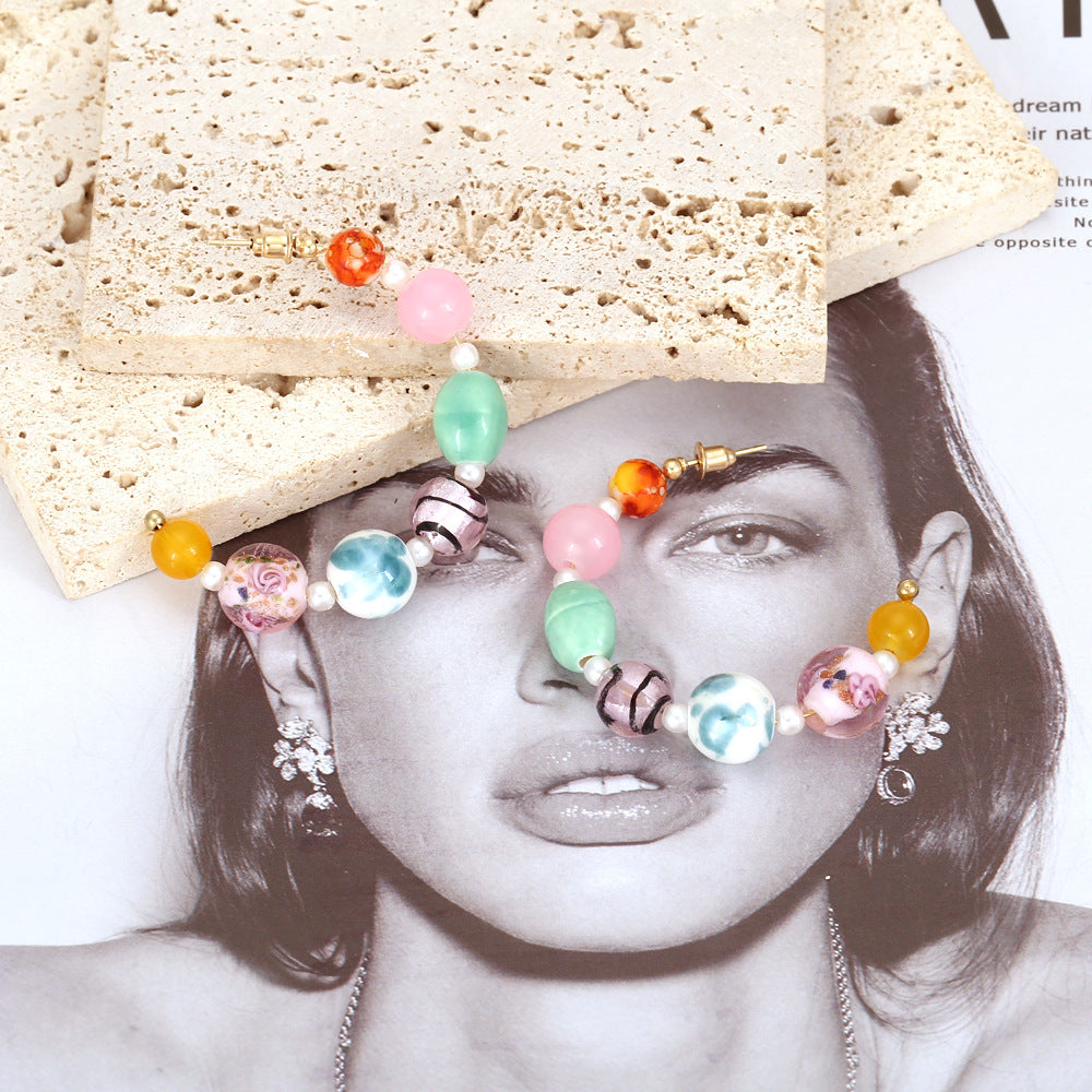 Bohemian beaded C-shaped earrings